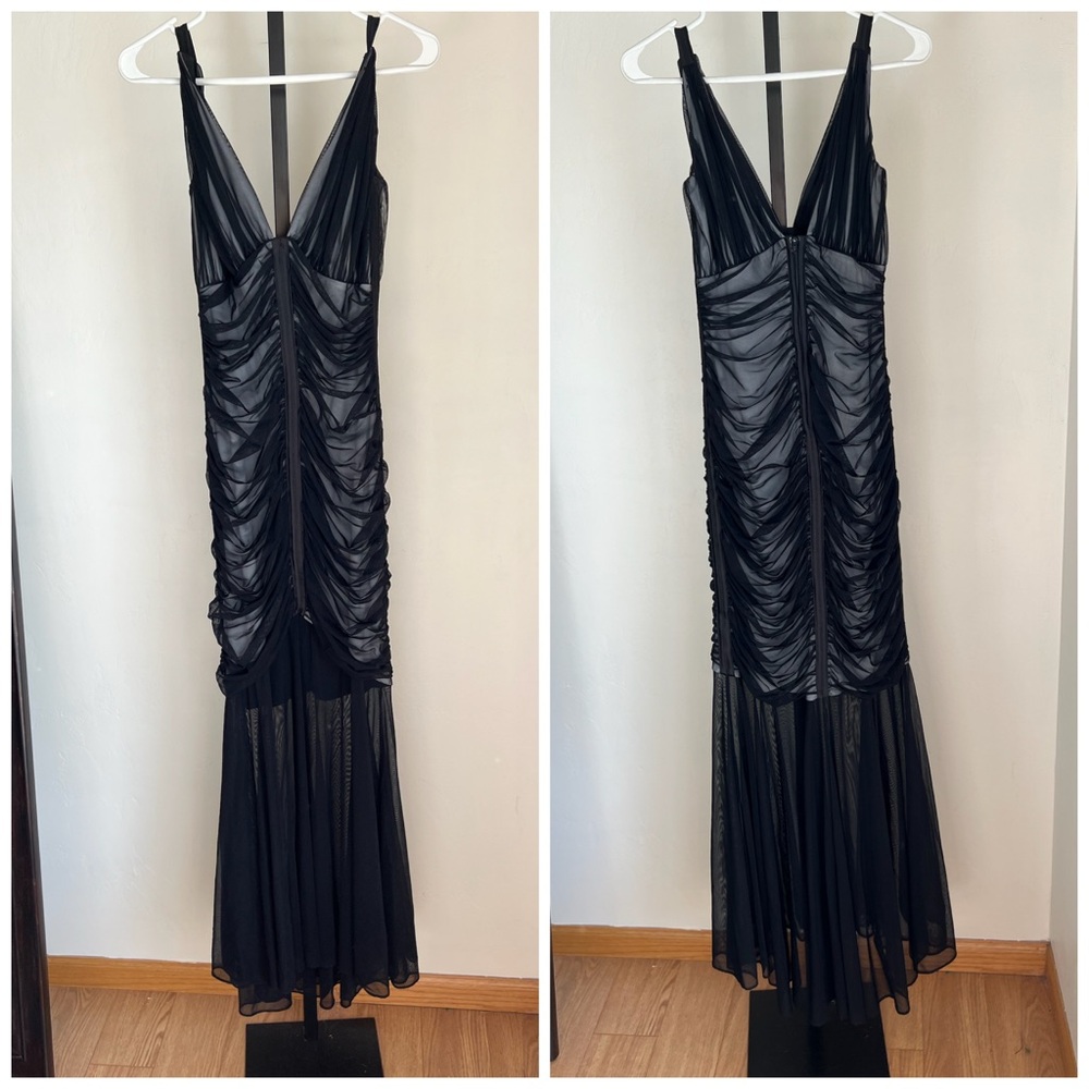 Vintage Tadashi Black Mermaid Mesh Gown Full Length Dress Evening XS formal